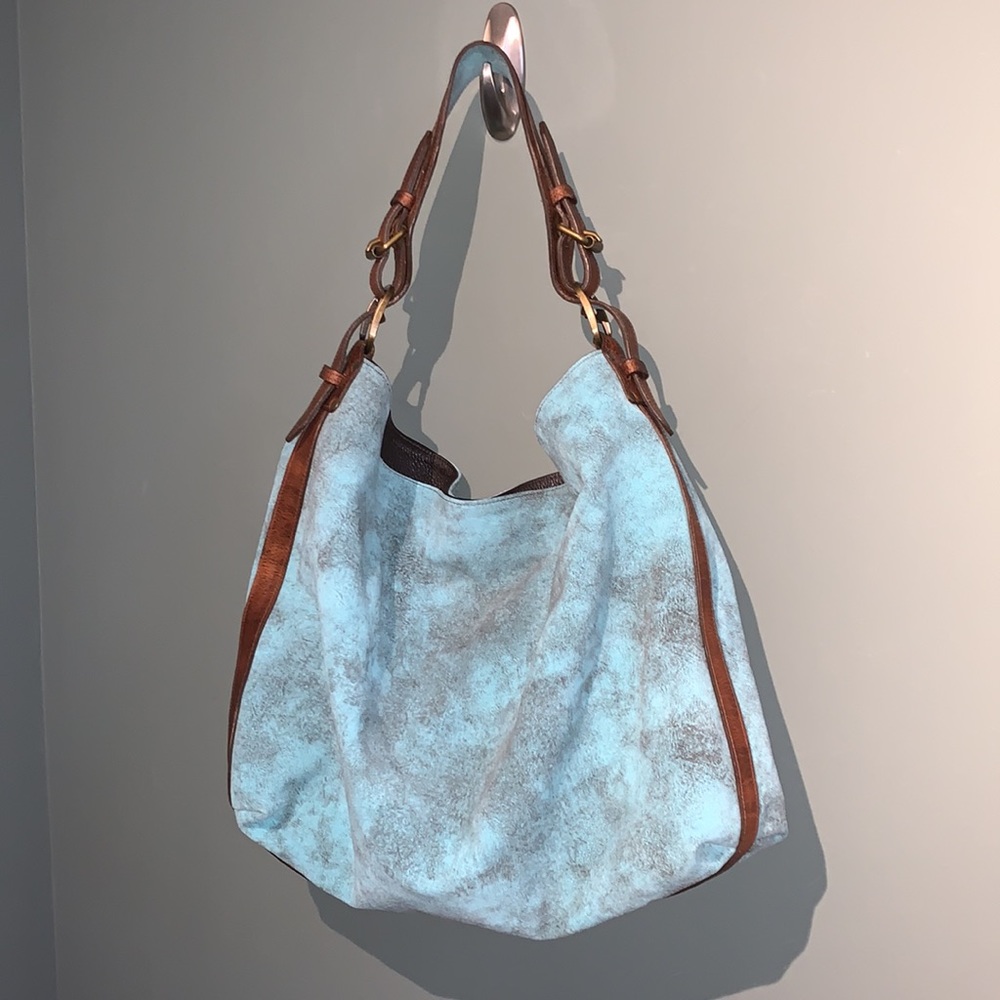 Juan Antonio Adobe Turquoise Blue Brown Leather Nubuck Weekend Boho Western Tote - Picture 4 of 16